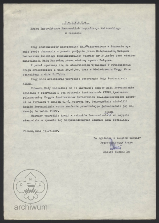 Plik:1982-07-17 Uchwala Kregu KIHAM w Poznaniu ws rozwiazania Porozumienia KIHAM.jpg