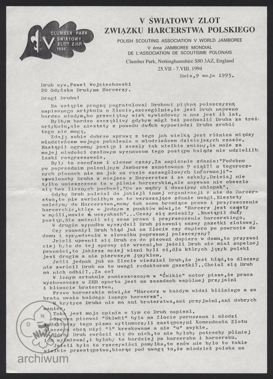 Plik:1995-05-09 Clumber Park List komendanta V Światowego Zlotu ZHP do Wojciechowskiego z 20 GDH.jpg