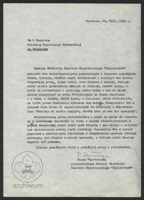 Plik:1989-08-24 Warszawa List Pawla Czartoryskiego z Komisji Mlodziezy KO Solidarnosc do uczestnikow I Kongresu POH.jpg