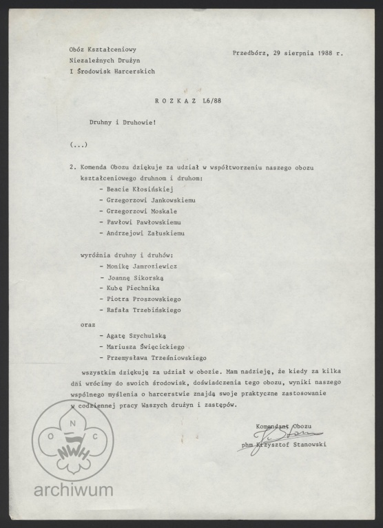 Plik:1988-08-29 Przedborz Rozkaz L6 z obozu ksztalceniowego Niezależnych Środowisk i Organizacji Harcerskich.jpg