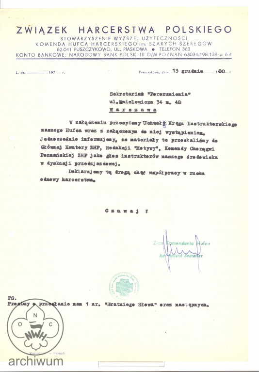 Plik:1980-12-13 Puszczykowo Pismo przewodnie do uchwaly ws poparcia dla listu krakowskiego i zwolania zjazdu ZHP.jpg