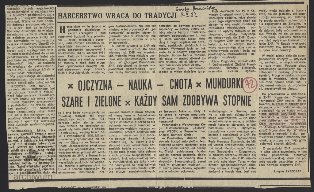 Plik:1982-05-12 Wycinek z Gazety Poznańskiej z artykułem Harcerstwo wraca do tradycji.jpg