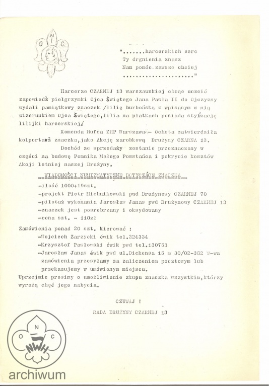 Plik:1983 Warszawa informacja ws kolportazu przez Czarna 13 WDH lilijki z wizerunkiem papieza.jpg