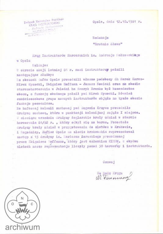 Plik:1981-10-12 Opole list do redakcji Bratniego Slowa ws obozow letnich prowadzonych przez instruktorow KIHAM.jpg