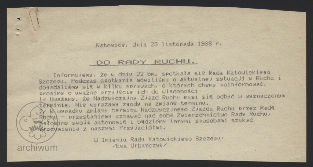 Plik:1988-11-23 Katowice Oswiadczenie Rady Katowickiego Szczepu RHR ws terminu Zjazdu.jpg