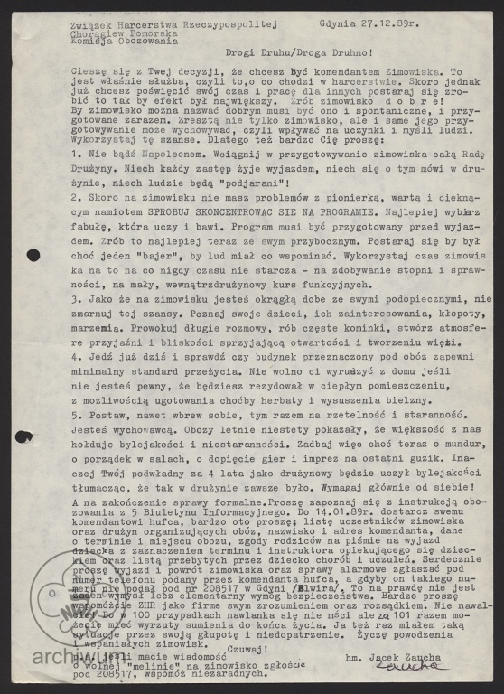 Plik:1989-12- Gdynia, List Komisji Obozowania Pomorskiej ZHR do komendantów zimowisk.jpg