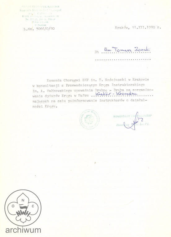 Plik:1980-12-11 Krakow Upowaznienie do zorganizowania dyzurow KIHAM.jpg