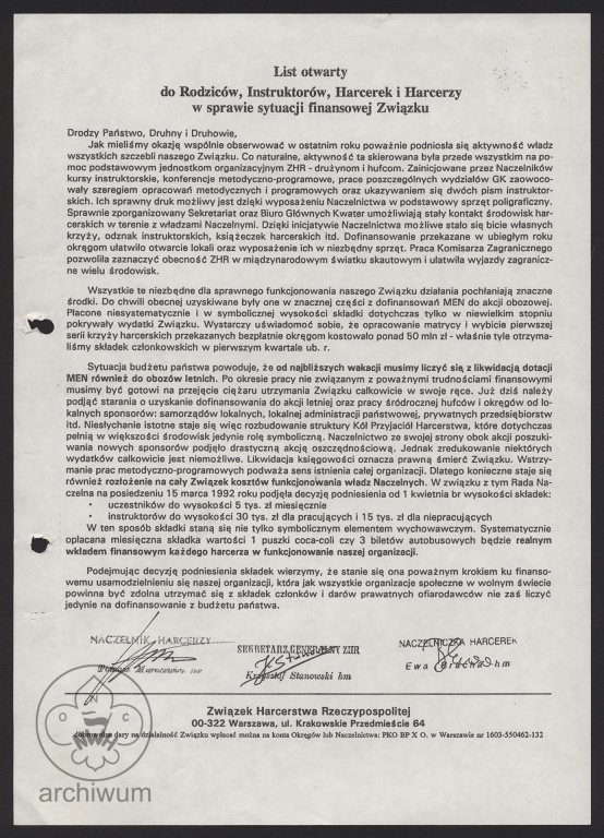 Plik:1992-03-15 Warszawa, ZHR List otwarty do rodziców, instruktorów, harcerek i harcerzy o sytuacji finansowej ZHR.jpg