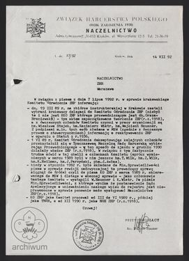1992-07-11 Kraków, List Naczelnictwa ZHP18 do Naczelnictwa ZHR.jpg