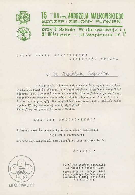 Plik:1981-02-22 Łódź, 15 ŁDH, List do Stanisława Czopowicza na DMB.jpg