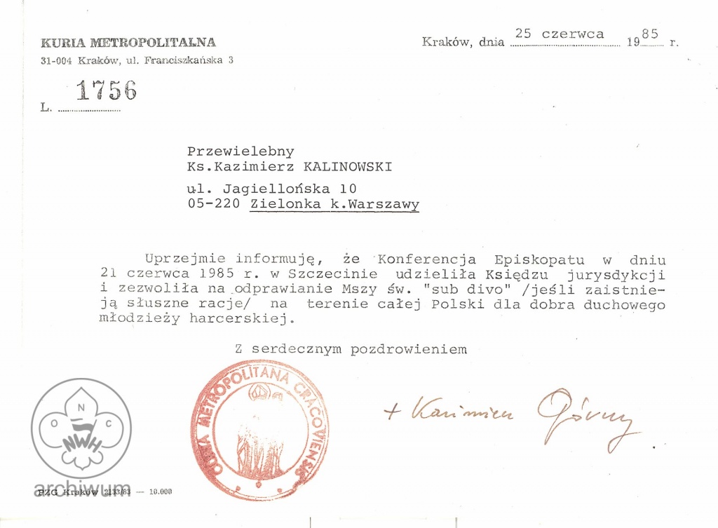 Plik:1995-06-25 Warszawa zgoda na odprawianie mszy dla harcerzy dla ks K Kalinowskiego z Zielonki k Warszawy.jpg