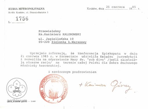 1995-06-25 Warszawa zgoda na odprawianie mszy dla harcerzy dla ks K Kalinowskiego z Zielonki k Warszawy.jpg