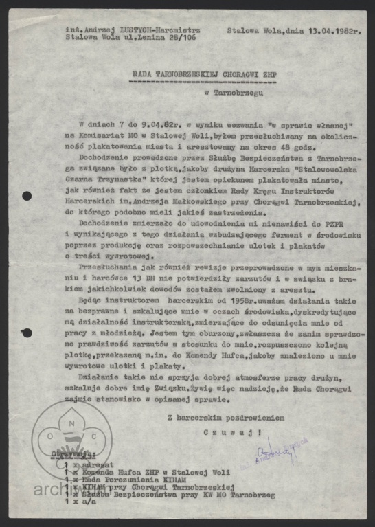 Plik:1982-04-13 Stalowa Wola List Andrzeja Lustycha do Komendy Choragwi w sprawie jego aresztowania przez SB.jpg