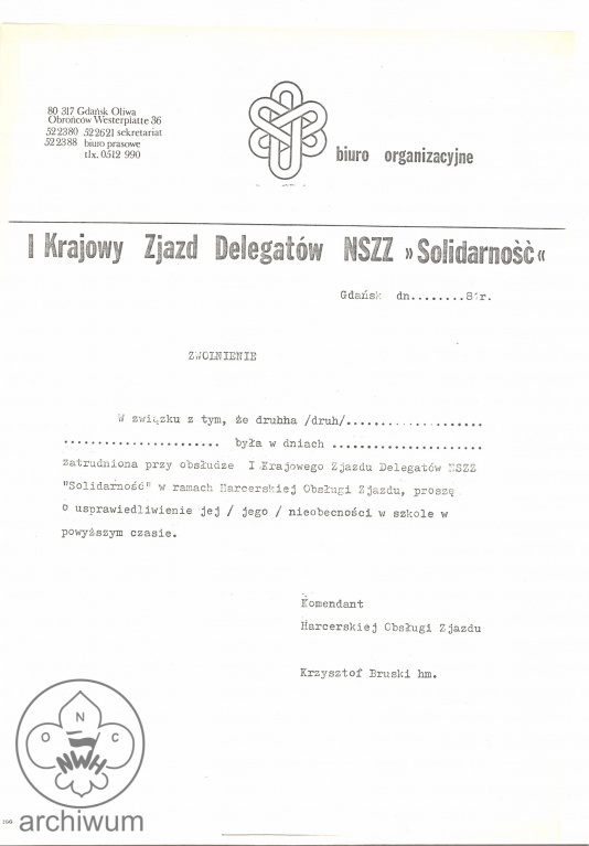 Plik:1981-09-30 Gdansk formularz zwolnienia dla harcerzy z harcerskiej obslugi I Zjazdu NSZZ Solidarnosc.jpg