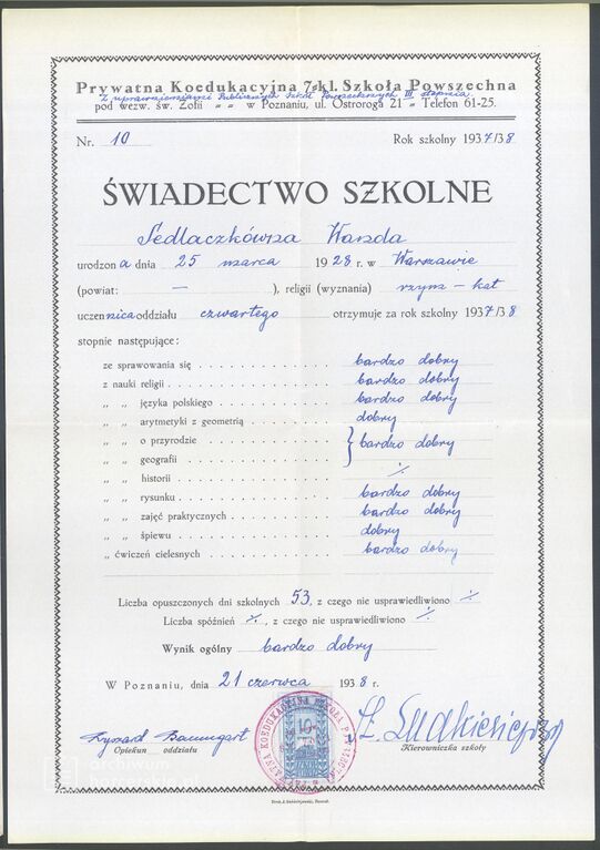 Plik:1938-06-21 Poznań Wanda Sedlaczkówna świadectwo szkolne.jpg