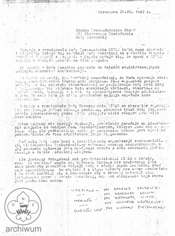 Plik:1982-06-26 Warszawa stanowisko czlonkow RN ZHP ws rozwiazania przez RN ZHP Porozumienia KIHAM.jpg