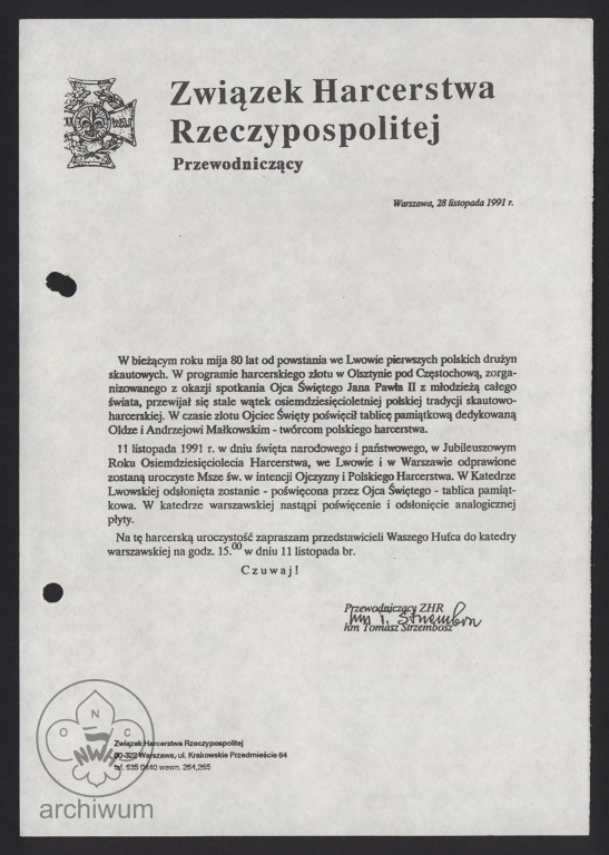Plik:1991-10-28 List Przewodniczacego ZHR Tomasza Strzembosza ws obchodów 11 listopada.jpg