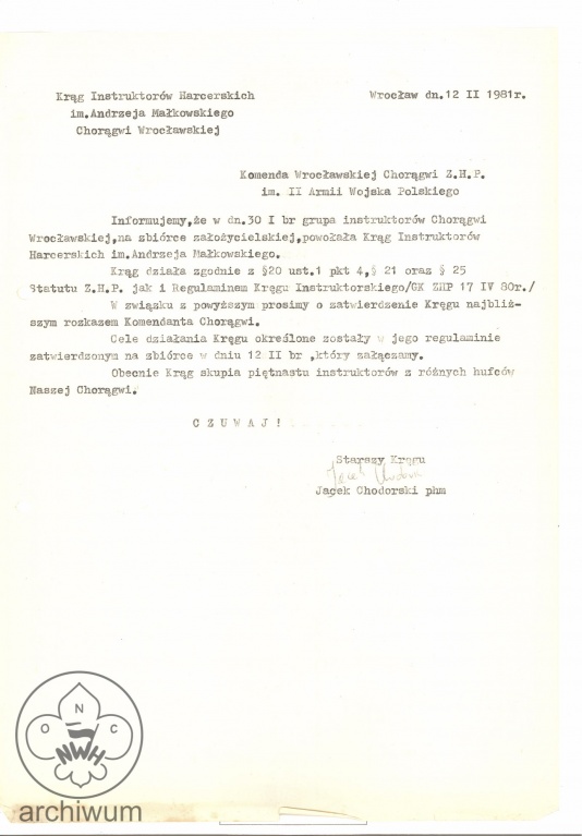 Plik:1981-02-12 Wroclaw pismo do Komendy Choragwi o powolaniu kregu KIHAM we Wroclawiu.jpg