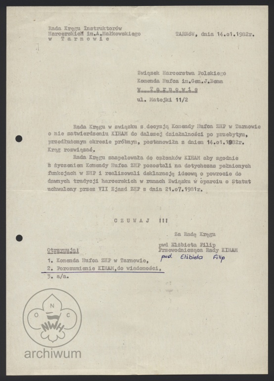 Plik:1982-01-14 Tarnow pismo KIHAM-Tarnow do KHufca ws rozwiazania kregu.jpg