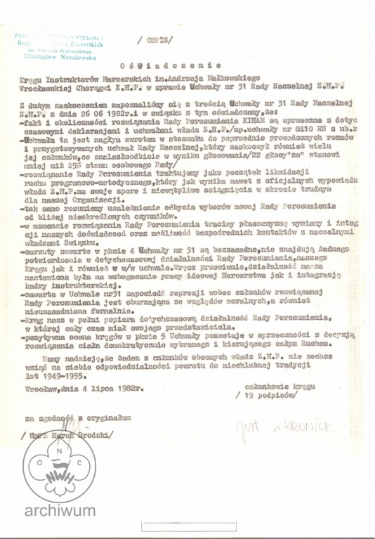 Plik:1982-07-04 Wrocław, Odpis oświadczenia KIHAM Chorągwi Wrocławskiej ws uchwały RN ZHP nr 31 rozwiązującej Radę Porozumienia KIHAM.jpg