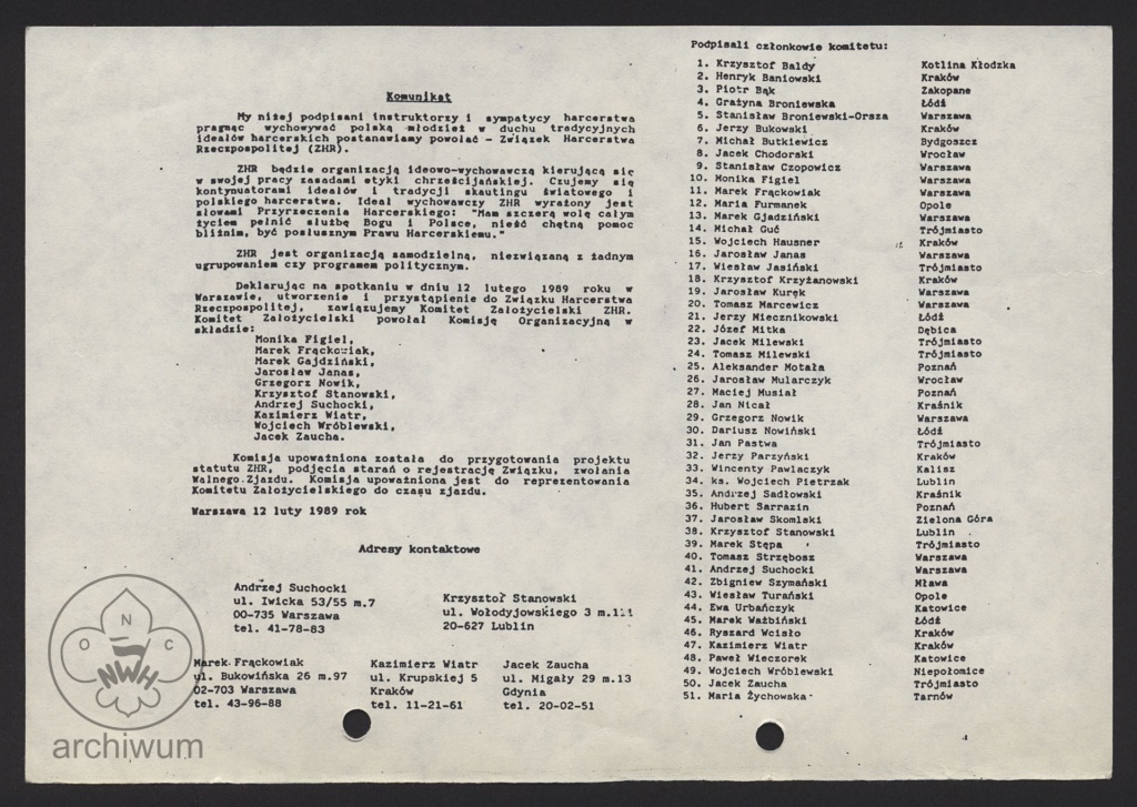 Plik:1989-02-12 Warszawa, Komunikat o zawiązaniu Komitetu założycielskiego Związku Harcerstwa Rzeczypospolitej.jpg