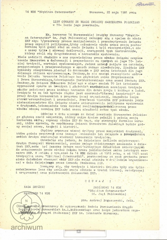 Plik:1984-01-24 Warszawa, List otwarty Błękitnej 14 WDHy do władz ZHP w 70-lecie Harcerstwa.jpg