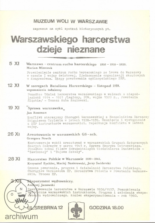 Plik:1986-11-05 Warszawa Program wykladow w Muzeum Woli towarzyszacych wystawie Z dziejow harcerstwa w Warszawie 1911-86.jpg