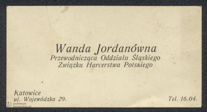 1929-11 Katowice ZHP Wanda Jordanówna wizytówka 001.jpg