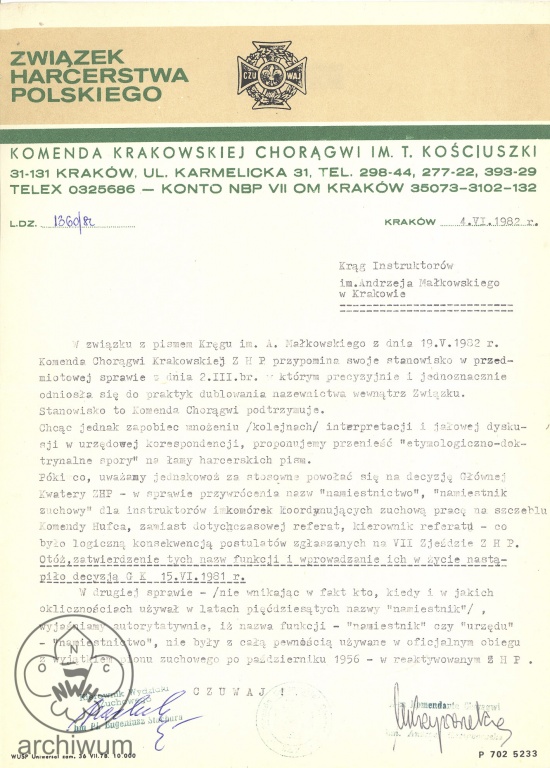 Plik:1982-06-04 Krakow List Komendanki Chor. Krak. do KIHAM Krakow w sprawie uzywania nazwy Namiestnik.jpg