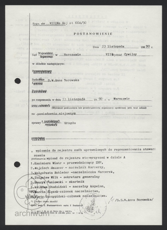 Plik:1990-11-23 Postanowienie sadu o wpisanie do rejestru przedstawicieli stowarzyszenia ZHP(1918).jpg
