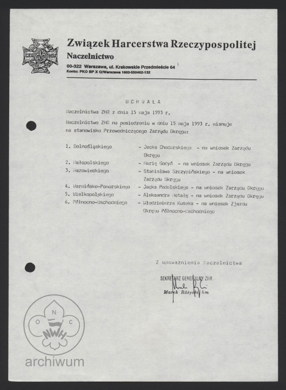 Plik:1993-05-15 Warszawa Uchwała Naczelnictwa ZHR ws mianowań na funkcje Przewodniczących Zarządów Okręgów.jpg