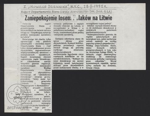 1992-02-28 Nowy Jork, Artykuł z Nowego Dziennika pt Zaniepokojenie losem Polakow na Litwie.jpg