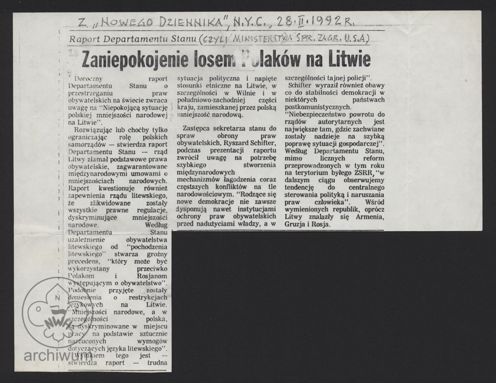 Plik:1992-02-28 Nowy Jork, Artykuł z Nowego Dziennika pt Zaniepokojenie losem Polakow na Litwie.jpg