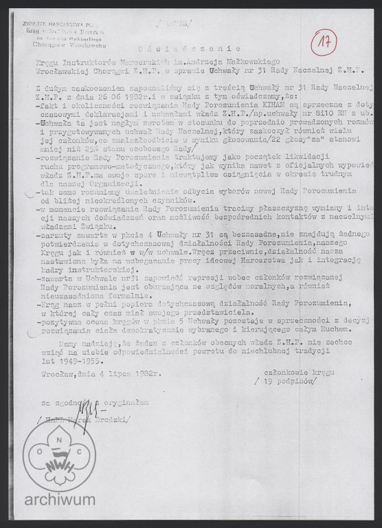 Plik:1982-07-04 Oświadczenie KIHAM Wrocław po uchwale RN ZHP rozwiązującej RP KIHAM.jpg