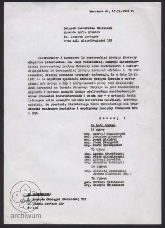 Plik:1981-09-13 Warszawa, Pismo do Komendy Hufca Mokotów informujace o wystąpieniu 14 i 70 WDH z ZHP i tworzeniu NRH.jpg
