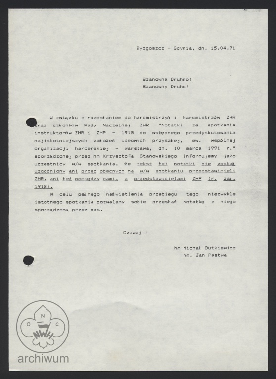 Plik:1991-04-15 list J. Pastwy i M. Butkiewicza ws Notataki ze spotkania ZHR-ZHP1918.jpg