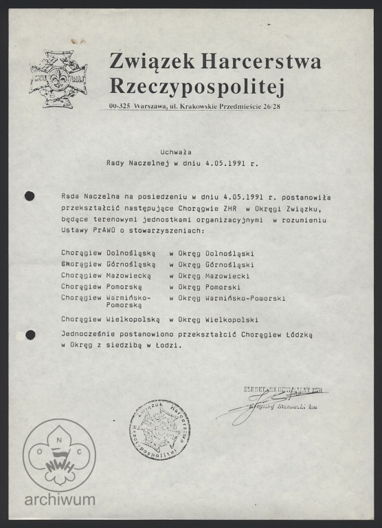 Plik:1991-05-04 Warszawa Uchwała i przekształcenie Chorągwi w Okręgi ZHR.jpg