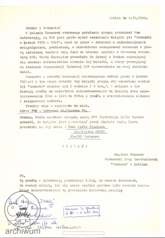 Plik:1980-12-04 Lublin list Anny Fraczek ws wznowienia ksiazki Harcerki w latach 1939-45.jpg