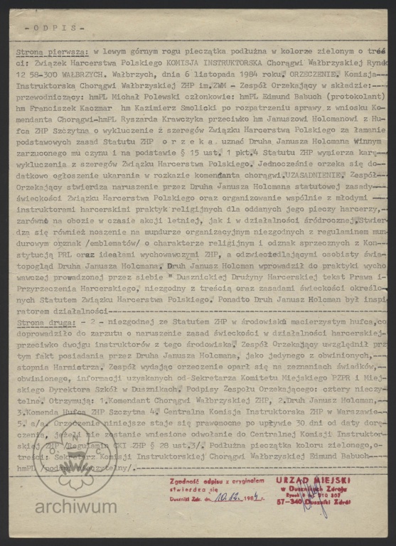 Plik:1984-11-06 Duszniki odpis Orzeczenie Komisji Instruktorskiej Choragwi Walbrzyskiej ws wykluczenia z ZHP Janusza Holcmana.jpg