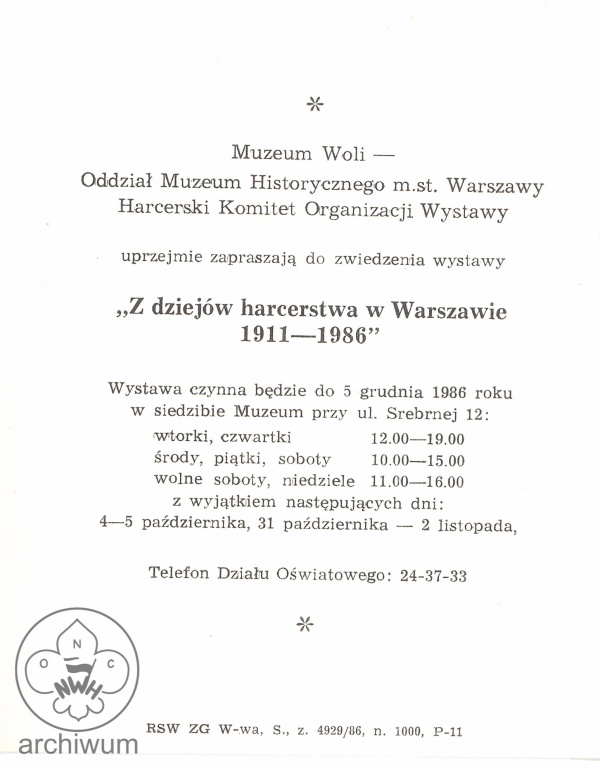 Plik:1986-09 Warszawa Zaproszenie do Muzeum Woli na wystawe Z dziejow harcerstwa w Warszawie 1911-86.jpg