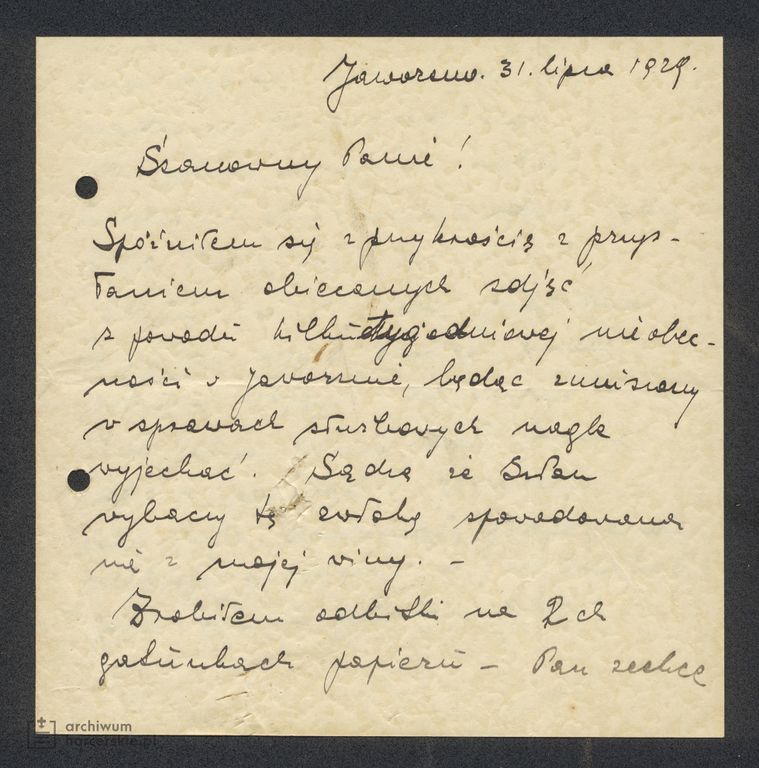 Plik:1929-07-31 Jaworzno list od Mieczysława Zapalskiego 001.jpg