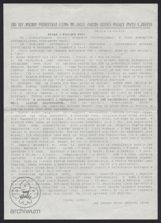 Plik:1991-04-14 ZHR Gdynia, List Jacka Zauchy do Ewy Urbańczyk ws wyjazdu delegacji ZHP na Litwie na jamboree do Anglii.jpg