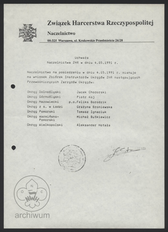 Plik:1991-05-04 Warszawa Uchwała Naczelnictwa ZHR mianująca Przewodniczących Zarządów Okręgów.jpg