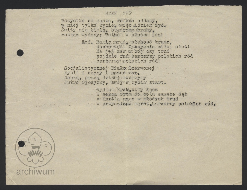 Plik:Tekst hymnu ZHP z drugą zwrotką Socjalistycznej białoczerwonej.jpg
