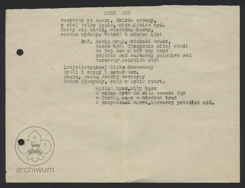 Tekst hymnu ZHP z drugą zwrotką Socjalistycznej białoczerwonej.jpg