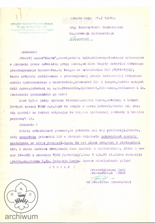 Plik:1981-01-21 Krakow apel o zamawianie 314-315 numeru Znaku z artykulem o harcerstwie.jpg