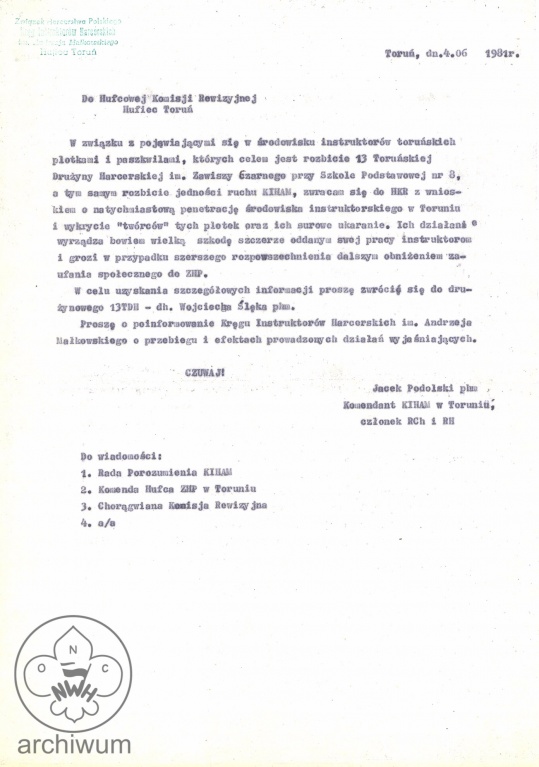 Plik:1981-06-04 Torun Wniosek Jacka Podolskiego do Hufcowej Komisji Rewizyjnej ws W Sleka.jpg