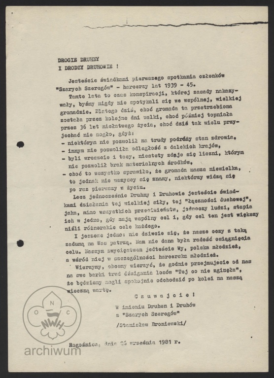 Plik:1981-09-26 Rogoźnica List Stanisława Broniewskiego Orszy do uczestników zlotu na terenie obozu Gross Rosen.JPG