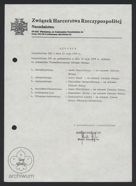 1993-05-15 Warszawa, Uchwała z mianowaniem Przewodniczących Zarządów Okrągów ZHR.jpg