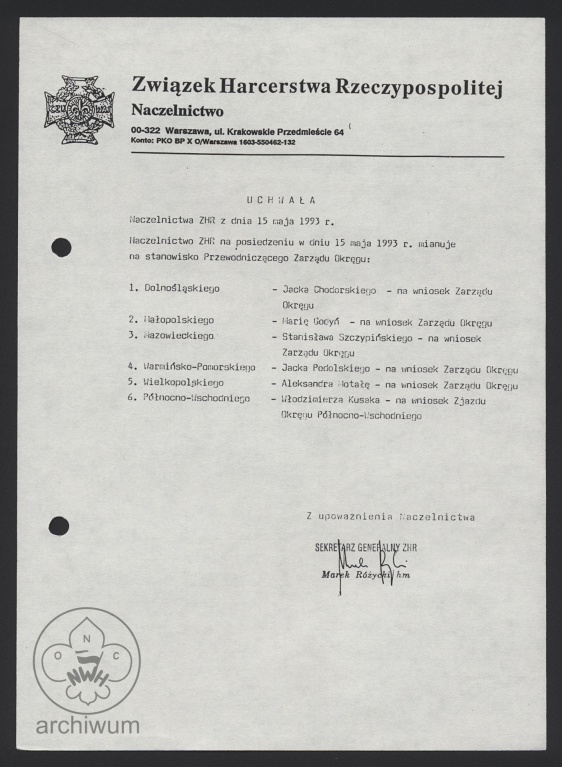 Plik:1993-05-15 Warszawa, Uchwała z mianowaniem Przewodniczących Zarządów Okrągów ZHR.jpg